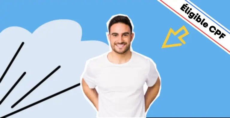 Un homme souriant, vêtu d’un t-shirt blanc, pose sur un fond bleu moderne avec des éléments graphiques dynamiques, dont une flèche jaune symbolisant la progression et la maîtrise des outils numériques. Un bandeau en haut à droite indique 'Éligible CPF'. Cette image illustre une formation Google Workspace, permettant d’apprendre à utiliser efficacement Gmail, Google Drive, Docs, Sheets, et d'autres outils collaboratifs pour optimiser le travail en équipe et la productivité.