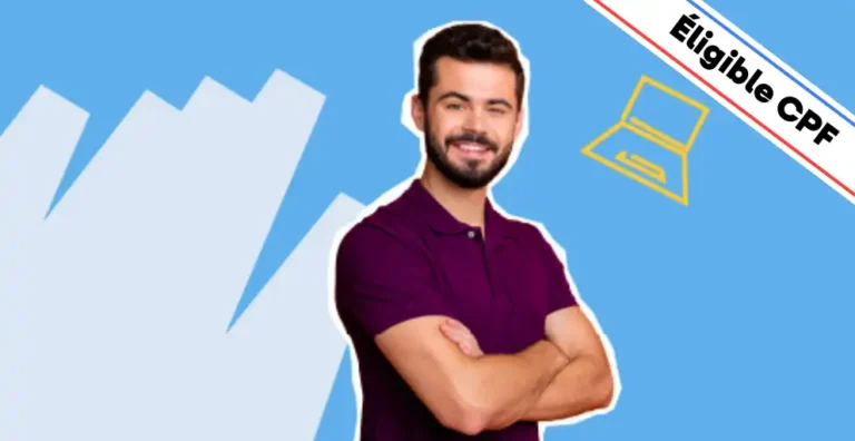 Un homme souriant, vêtu d’un polo violet, pose les bras croisés sur un fond bleu avec des éléments graphiques modernes, dont une icône d’ordinateur jaune symbolisant le travail numérique. Un bandeau en haut à droite indique 'Éligible CPF'. Cette image illustre une formation InDesign niveau 1, idéale pour apprendre les bases du logiciel de mise en page, créer des documents professionnels et structurer efficacement du contenu graphique et textuel.