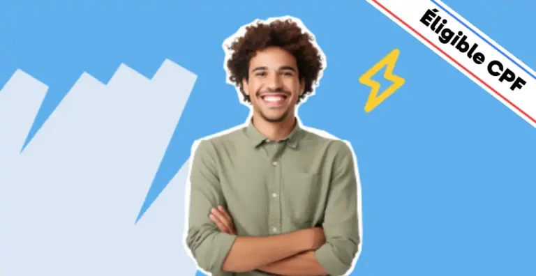 Un homme souriant, vêtu d’une chemise verte, pose les bras croisés sur un fond bleu dynamique avec des éléments graphiques modernes, dont un éclair jaune symbolisant l’expertise et la créativité. Un bandeau en haut à droite indique 'Éligible CPF'. Cette image illustre une formation InDesign niveau 2, conçue pour approfondir les compétences en mise en page avancée, en gestion des styles, en automatisation et en optimisation des documents professionnels.