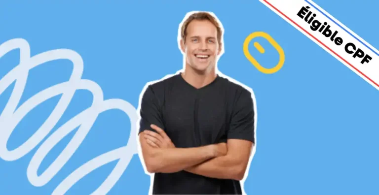 Un homme souriant, vêtu d’un t-shirt noir, pose les bras croisés sur un fond bleu dynamique avec des éléments graphiques modernes, dont une icône de souris jaune symbolisant la maîtrise des outils numériques. Un bandeau en haut à droite indique 'Éligible CPF'. Cette image illustre une formation Photoshop niveau 2, destinée à perfectionner les techniques avancées de retouche photo, de composition graphique et d’optimisation des visuels pour un rendu professionnel.