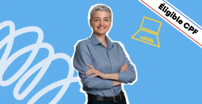 Une femme souriante aux cheveux courts, vêtue d’une chemise bleue, pose les bras croisés sur un fond bleu dynamique avec des éléments graphiques modernes, dont une icône d’ordinateur jaune symbolisant le travail numérique et la créativité. Un bandeau en haut à droite indique 'Éligible CPF'. Cette image illustre une formation sur Adobe Illustrator, permettant d’apprendre à créer des illustrations vectorielles, concevoir des logos et maîtriser les outils de dessin pour des visuels professionnels.
