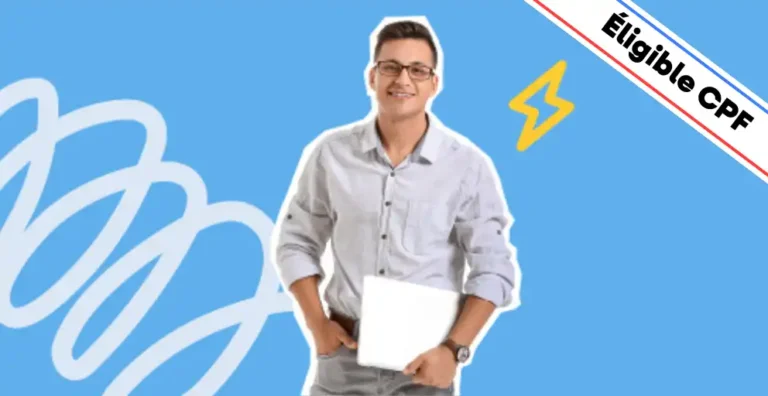 Un homme souriant, portant des lunettes et vêtu d’une chemise claire, tient un ordinateur portable sous le bras sur un fond bleu dynamique avec des éléments graphiques modernes, dont un éclair jaune symbolisant la puissance et l’innovation. Un bandeau en haut à droite indique 'Éligible CPF'. Cette image illustre une formation Revit Architecture, idéale pour apprendre à modéliser des bâtiments en 3D, concevoir des plans architecturaux détaillés et optimiser les projets grâce au BIM (Building Information Modeling).