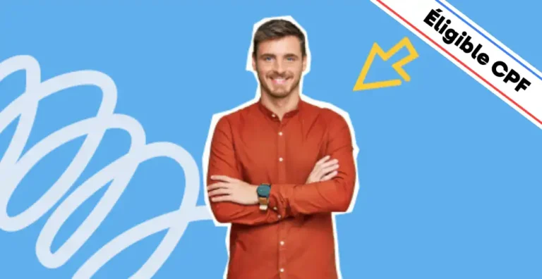 Un homme souriant, vêtu d’une chemise rouge, pose les bras croisés sur un fond bleu moderne avec des éléments graphiques dynamiques, dont une flèche jaune évoquant l’apprentissage et la progression. Un bandeau en haut à droite indique 'Éligible CPF'. Cette image illustre une formation d’initiation à la bureautique, idéale pour apprendre à utiliser les outils essentiels comme Word, Excel, PowerPoint et gérer efficacement les tâches administratives sur ordinateur.