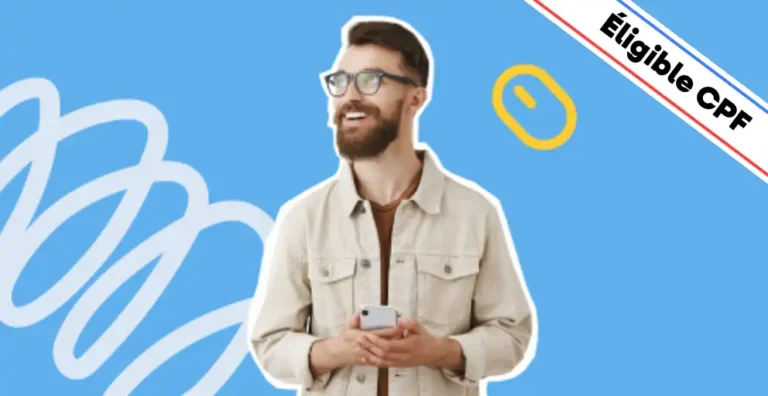 Un homme souriant, portant des lunettes et vêtu d’une veste beige, tient un smartphone en main sur un fond bleu dynamique agrémenté d’éléments graphiques modernes, dont une icône de souris jaune symbolisant l’usage des outils bureautiques. Un bandeau en haut à droite indique 'Éligible CPF'. Cette image illustre une formation sur les fondamentaux de Word, Excel et PowerPoint, permettant d’acquérir les bases indispensables pour créer des documents, analyser des données et concevoir des présentations professionnelles.