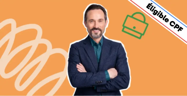 Un homme souriant, vêtu d’un blazer bleu et d’une chemise verte, pose les bras croisés sur un fond orange dynamique. Un pictogramme vert représentant une mallette et un bandeau en haut à droite indiquant 'Éligible CPF' mettent en avant une formation accessible au financement. Cette image illustre la formation 'Techniques de Vente – Niveau 2', conçue pour perfectionner les compétences en négociation, closing, gestion des objections complexes et fidélisation client. Idéale pour les commerciaux expérimentés souhaitant améliorer leurs performances et atteindre leurs objectifs de vente.
