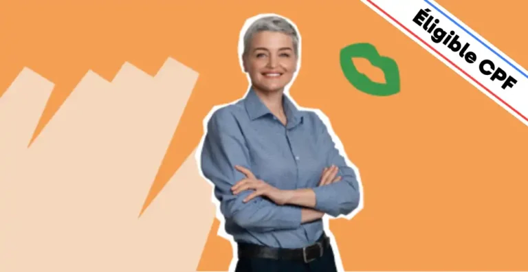 "Une femme souriante, aux cheveux courts et vêtue d’une chemise bleue, pose les bras croisés sur un fond orange dynamique. Un pictogramme vert et un bandeau en haut à droite indiquant 'Éligible CPF' mettent en avant une formation accessible au financement. Cette image illustre la formation 'Techniques de Vente – Niveau 1', conçue pour apprendre les fondamentaux de la vente : prospection, argumentation, gestion des objections et conclusion des ventes. Idéale pour les commerciaux débutants ou les professionnels souhaitant renforcer leurs compétences en négociation et relation client."