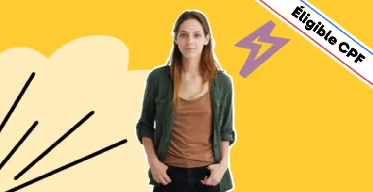 Une jeune femme au regard confiant, vêtue d’un haut marron et d’une veste verte, pose sur un fond jaune dynamique agrémenté d’éléments graphiques, dont un éclair violet symbolisant l’énergie et l’impact. Un bandeau en haut à droite indique 'Éligible CPF', mettant en avant le financement possible de la formation. Cette image illustre la formation 'Les bases de la prise de parole en public', idéale pour apprendre à gérer son stress, structurer son discours et captiver un auditoire avec aisance et assurance.
