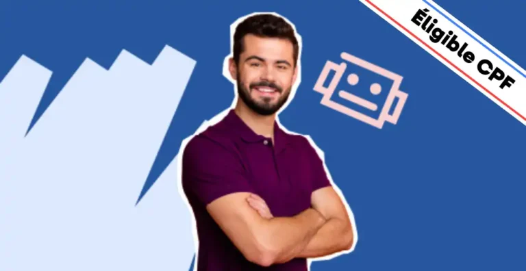 Un homme souriant, vêtu d’un polo violet, pose les bras croisés sur un fond bleu dynamique agrémenté d’éléments graphiques modernes, dont une icône rose représentant un robot, symbole de l’intelligence artificielle et de l’automatisation. Un bandeau en haut à droite indique 'Éligible CPF', mettant en avant le financement possible de la formation. Cette image illustre la formation 'Utiliser ChatGPT en milieu professionnel', conçue pour apprendre à exploiter l’intelligence artificielle générative afin d’optimiser la rédaction de contenus, automatiser certaines tâches et améliorer la productivité dans un cadre professionnel.