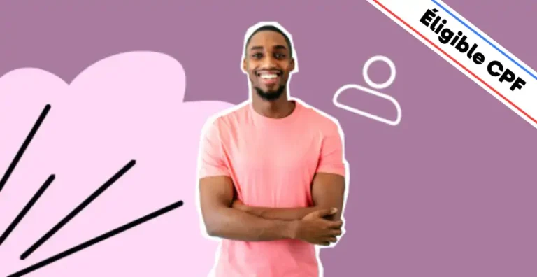 Un homme souriant, vêtu d’un t-shirt rose, pose les bras croisés sur un fond violet moderne agrémenté d’éléments graphiques dynamiques, dont une icône blanche représentant une personne, symbole du leadership et de la gestion d’équipe. Un bandeau en haut à droite indique 'Éligible CPF', mettant en avant le financement possible de la formation. Cette image illustre la formation 'Manager au quotidien', idéale pour acquérir les compétences clés du management : communication, gestion des équipes, prise de décision et pilotage des performances au sein d’une entreprise.