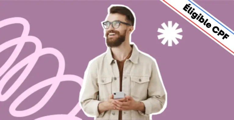 Un homme barbu, souriant et portant des lunettes ainsi qu’une veste beige, tient un smartphone en main sur un fond violet dynamique avec des éléments graphiques modernes, dont une étoile blanche symbolisant l’excellence et la prise de décision. Un bandeau en haut à droite indique 'Éligible CPF', mettant en avant le financement possible de la formation. Cette image illustre la formation 'Développer son Leadership en Management', conçue pour renforcer son charisme, inspirer ses équipes, améliorer sa communication et adopter des stratégies de leadership efficaces dans un environnement professionnel.