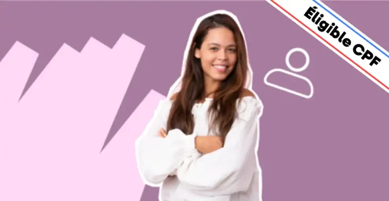 Une femme souriante, vêtue d’un haut blanc, pose les bras croisés sur un fond violet moderne agrémenté d’éléments graphiques, dont une icône blanche représentant une personne, symbole du management et de la gestion des transformations. Un bandeau en haut à droite indique 'Éligible CPF', mettant en avant le financement possible de la formation. Cette image illustre la formation 'Conduite du Changement', conçue pour apprendre à piloter des projets de transformation, accompagner les équipes face aux évolutions organisationnelles et mettre en place des stratégies efficaces pour réussir le changement en entreprise.