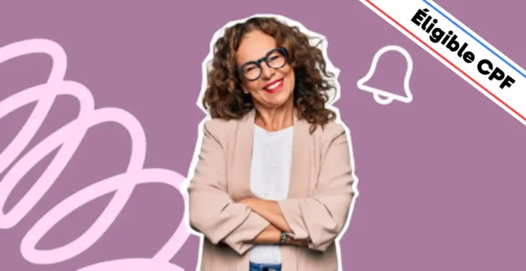 Une femme souriante, portant des lunettes et vêtue d’une veste beige, pose les bras croisés sur un fond violet moderne agrémenté d’éléments graphiques, dont une icône blanche en forme de cloche, symbolisant l’attention et la vigilance dans le processus de recrutement. Un bandeau en haut à droite indique 'Éligible CPF', mettant en avant le financement possible de la formation. Cette image illustre la formation 'Recrutement et non-discrimination à l’embauche', conçue pour apprendre les bonnes pratiques du recrutement éthique, respecter la législation en vigueur et garantir l’égalité des chances dans les processus d’embauche.