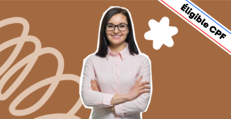 Une femme souriante, portant des lunettes et vêtue d’une chemise rose, pose les bras croisés sur un fond brun moderne agrémenté d’éléments graphiques, dont une étoile blanche symbolisant l’excellence et l’expertise en gestion des talents. Un bandeau en haut à droite indique 'Éligible CPF', mettant en avant le financement possible de la formation. Cette image illustre la formation 'Formation Complète au Recrutement', conçue pour maîtriser l’ensemble du processus de recrutement : sourcing, entretiens, évaluation des candidats et intégration efficace en entreprise.