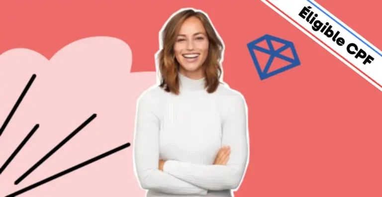 Une femme souriante, vêtue d’un pull blanc, pose les bras croisés sur un fond rouge dynamique agrémenté d’éléments graphiques modernes, dont une icône bleue en forme de diamant, symbolisant la stratégie et la valeur ajoutée du digital. Un bandeau en haut à droite indique 'Éligible CPF', mettant en avant le financement possible de la formation. Cette image illustre la formation 'Développer l’Activité Commerciale grâce aux Réseaux Sociaux', conçue pour apprendre à optimiser sa présence en ligne, générer des leads qualifiés et exploiter les plateformes sociales pour booster ses ventes et sa visibilité