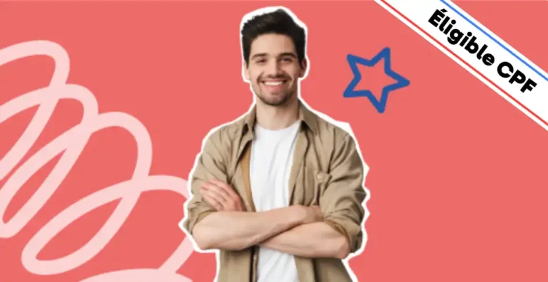 Un homme souriant, vêtu d’une chemise beige sur un t-shirt blanc, pose les bras croisés sur un fond rouge dynamique agrémenté d’éléments graphiques modernes, dont une étoile bleue symbolisant la performance et la visibilité en ligne. Un bandeau en haut à droite indique 'Éligible CPF', mettant en avant le financement possible de la formation. Cette image illustre la formation 'Social Ads – Créer des Campagnes Publicitaires', conçue pour apprendre à concevoir et optimiser des campagnes publicitaires sur Facebook Ads, Instagram Ads, LinkedIn Ads et d’autres plateformes afin de maximiser la conversion et la rentabilité des annonces digitales.