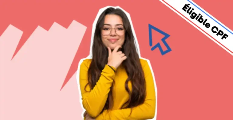 Une femme souriante, portant des lunettes et vêtue d’un pull jaune, pose en réfléchissant sur un fond rouge dynamique agrémenté d’éléments graphiques modernes, dont une icône bleue en forme de curseur, symbolisant le web et la navigation en ligne. Un bandeau en haut à droite indique 'Éligible CPF', mettant en avant le financement possible de la formation. Cette image illustre la formation 'Optimiser le Référencement Naturel (SEO)', conçue pour apprendre à améliorer la visibilité d’un site web sur Google, maîtriser les techniques d’optimisation on-page et off-page, et augmenter le trafic organique grâce à des stratégies SEO performantes.