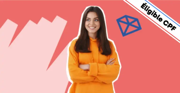 Une femme souriante, vêtue d’un sweat orange, pose les bras croisés sur un fond rouge dynamique agrémenté d’éléments graphiques modernes, dont une icône bleue en forme de diamant, symbolisant la valeur et la performance en marketing digital. Un bandeau en haut à droite indique 'Éligible CPF', mettant en avant le financement possible de la formation. Cette image illustre la formation 'Améliorer son Référencement avec Google Ads (SEA)', conçue pour apprendre à créer et optimiser des campagnes publicitaires Google Ads, cibler efficacement son audience et maximiser son retour sur investissement grâce à la publicité en ligne.