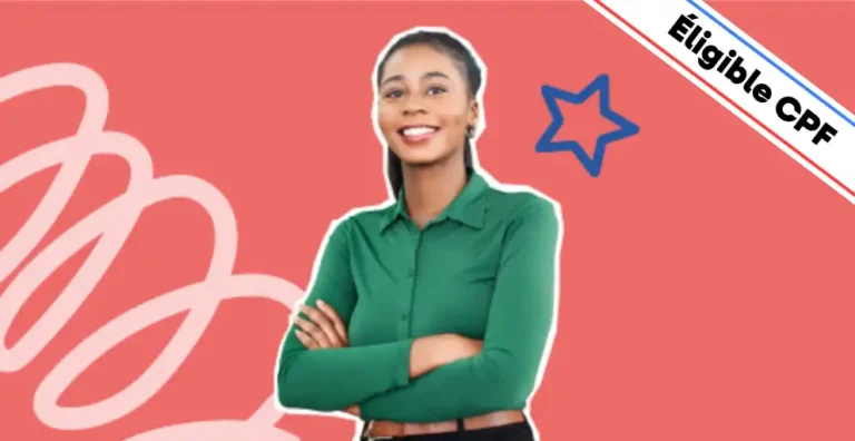 Une femme souriante, vêtue d’une chemise verte, pose les bras croisés sur un fond rouge dynamique agrémenté d’éléments graphiques modernes, dont une étoile bleue symbolisant la réussite et l’innovation digitale. Un bandeau en haut à droite indique 'Éligible CPF', mettant en avant le financement possible de la formation. Cette image illustre la formation 'Créer un Site Web avec WordPress', conçue pour apprendre à concevoir, personnaliser et gérer un site web professionnel sans coder, en optimisant l’ergonomie, le design et le référencement naturel (SEO).