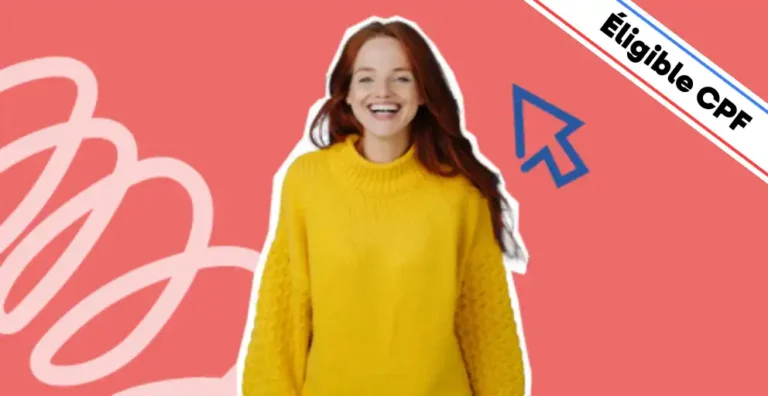 Une femme souriante, vêtue d’un pull jaune, pose sur un fond rouge dynamique agrémenté d’éléments graphiques modernes, dont une icône bleue en forme de curseur, symbolisant le commerce en ligne et la navigation web. Un bandeau en haut à droite indique 'Éligible CPF', mettant en avant le financement possible de la formation. Cette image illustre la formation 'Créer un Site Web avec PrestaShop', conçue pour apprendre à concevoir et gérer une boutique en ligne performante, optimiser l’expérience utilisateur et booster les ventes grâce aux fonctionnalités avancées de PrestaShop.