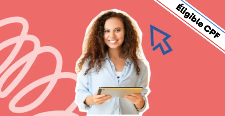 Une femme souriante, vêtue d’une chemise bleue, tient une tablette entre ses mains sur un fond rouge dynamique agrémenté d’éléments graphiques modernes, dont une icône bleue en forme de curseur, symbolisant la stratégie digitale et l’engagement. Un bandeau en haut à droite indique 'Éligible CPF', mettant en avant le financement possible de la formation. Cette image illustre la formation 'Concevoir et Déployer un Plan de Communication', conçue pour apprendre à structurer une stratégie de communication efficace, choisir les bons canaux et mesurer l’impact des actions mises en place pour renforcer la visibilité et l’image d’une entreprise.