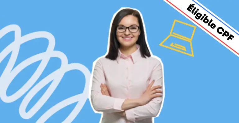 Une femme souriante, portant des lunettes et une chemise rose, pose les bras croisés sur un fond bleu dynamique agrémenté d’éléments graphiques modernes, dont une icône d’ordinateur jaune symbolisant le travail numérique et l’analyse de données. Un bandeau en haut à droite indique 'Éligible CPF'. Cette image illustre une formation Excel intermédiaire, idéale pour approfondir les compétences en formules avancées, tableaux croisés dynamiques et automatisation des tâches.