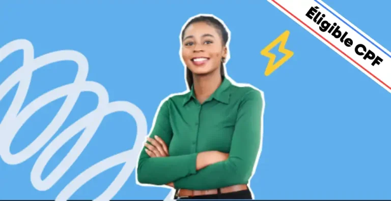 Une jeune femme souriante, vêtue d’une chemise verte, se tient les bras croisés sur un fond bleu dynamique avec des éléments graphiques stylisés, dont un éclair jaune symbolisant l'expertise et la maîtrise. Un bandeau en haut à droite indique 'Éligible CPF'. Cette image illustre une formation Word avancé, permettant d’acquérir des compétences expertes en traitement de texte, mise en page et automatisation des tâches.
