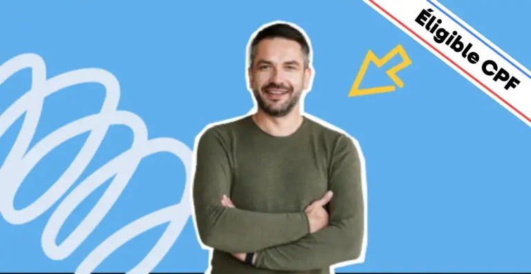 Un homme souriant, vêtu d’un pull vert, se tient les bras croisés sur un fond bleu moderne avec des éléments graphiques dynamiques, dont une flèche jaune suggérant la progression et la créativité. Un bandeau en haut à droite indique 'Éligible CPF'. Cette image illustre une formation PowerPoint pour débutants, idéale pour apprendre à créer des présentations attractives et professionnelles en toute simplicité.