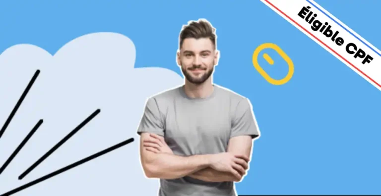 Un homme souriant, vêtu d’un t-shirt gris, se tient les bras croisés sur un fond bleu moderne avec des éléments graphiques dynamiques, dont une icône de souris jaune symbolisant la maîtrise des outils numériques. Un bandeau en haut à droite indique 'Éligible CPF'. Cette image illustre une formation PowerPoint avancé, idéale pour perfectionner la création de présentations percutantes, animer des diapositives et optimiser la mise en page professionnelle.