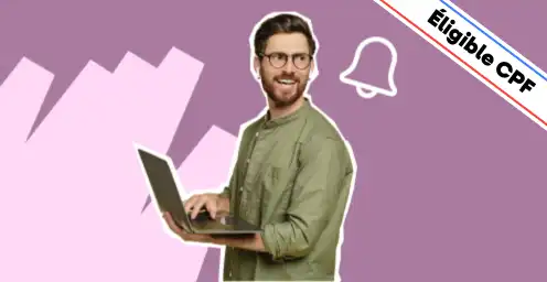 Un homme souriant, portant des lunettes et une chemise verte, tient un ordinateur portable sur un fond violet moderne agrémenté d’éléments graphiques, dont une icône blanche en forme de cloche, symbolisant l’importance de l’évaluation et de la sélection des candidats. Un bandeau en haut à droite indique 'Éligible CPF', mettant en avant le financement possible de la formation. Cette image illustre la formation 'Pratiquer l’Entretien de Recrutement', conçue pour apprendre à mener des entretiens efficaces, identifier les meilleurs profils et structurer un processus de recrutement performant en entreprise.