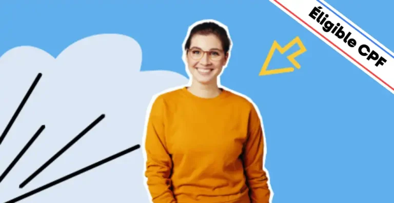 Une femme souriante, portant des lunettes et un pull jaune, pose sur un fond bleu moderne avec des éléments graphiques dynamiques, dont une flèche jaune évoquant l’apprentissage et la progression. Un bandeau en haut à droite indique 'Éligible CPF'. Cette image illustre une formation Excel pour débutants, conçue pour apprendre les bases du tableur, organiser des données, utiliser des formules simples et créer des tableaux clairs et efficaces.