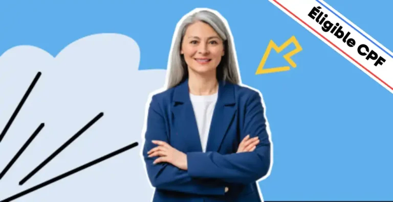 Une femme souriante aux cheveux gris, vêtue d'un blazer bleu, pose les bras croisés sur un fond bleu épuré avec des éléments graphiques dynamiques, dont une flèche jaune évoquant la précision et la créativité. Un bandeau en haut à droite indique 'Éligible CPF'. Cette image illustre une formation sur les essentiels de la PAO (Publication Assistée par Ordinateur), idéale pour apprendre les bases des logiciels de design graphique comme Photoshop, InDesign et Illustrator, et développer ses compétences en mise en page et en retouche d’images.