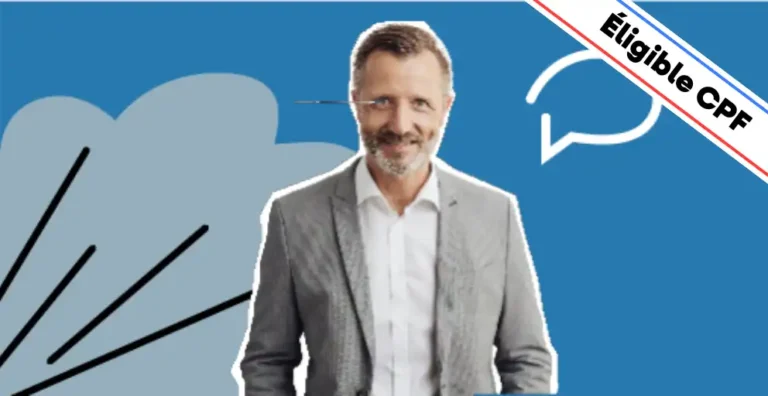 Un homme souriant, vêtu d’un pull bordeaux, pose les bras croisés sur un fond bleu moderne agrémenté d’éléments graphiques, dont une étoile rose symbolisant la progression et la réussite. Un bandeau en haut à droite indique 'Éligible CPF', mettant en avant le financement possible de la formation. Cette image illustre la formation 'Anglais Professionnel 21H', idéale pour acquérir les bases essentielles de l’anglais dans un cadre professionnel et améliorer sa communication orale et écrite au travail.