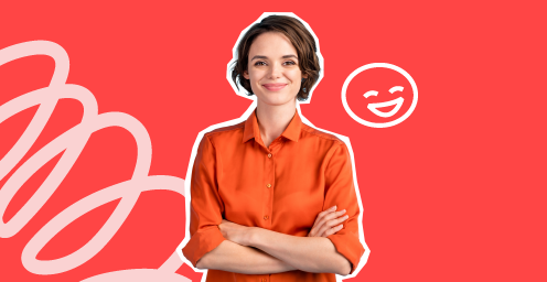 Femme souriante en chemise orange sur un fond rouge avec des éléments graphiques.