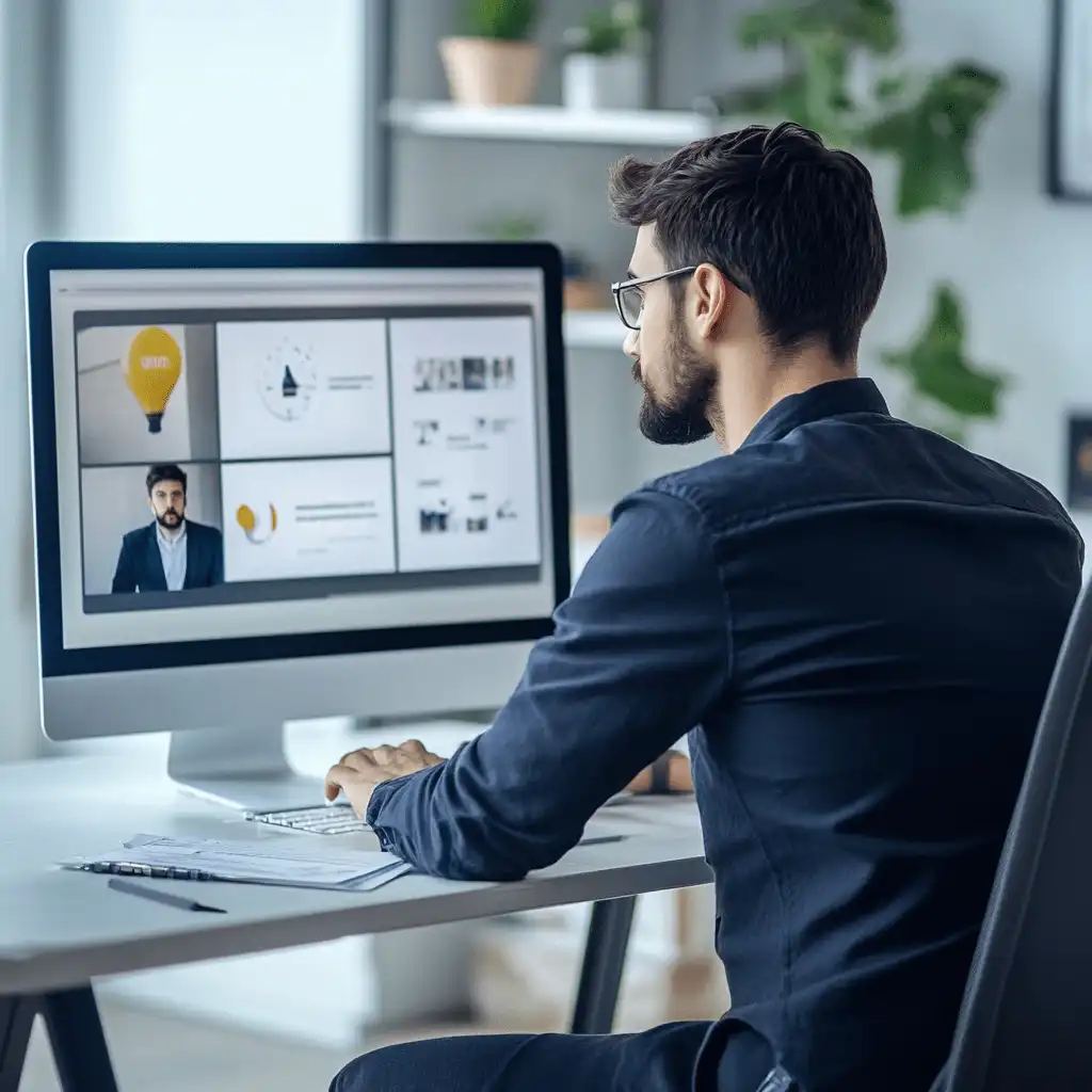 Homme travaillant sur un ordinateur de bureau, participant à une formation ou à une présentation en ligne