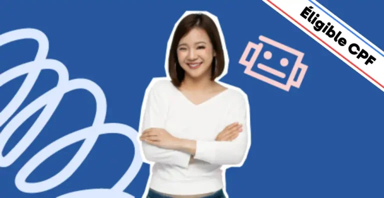 Une femme souriante, vêtue d’un pull blanc, pose les bras croisés sur un fond bleu dynamique agrémenté d’éléments graphiques modernes, dont une icône de robot rose représentant l’intelligence artificielle. Un bandeau en haut à droite indique 'Éligible CPF', mettant en avant le financement possible de la formation. Cette image illustre la formation 'Utiliser l’intelligence artificielle générative pour la création de contenus rédactionnels et visuels', conçue pour apprendre à exploiter les outils d’IA comme ChatGPT et Midjourney afin d’optimiser la rédaction de textes, la création d’images et l’automatisation des tâches créatives.