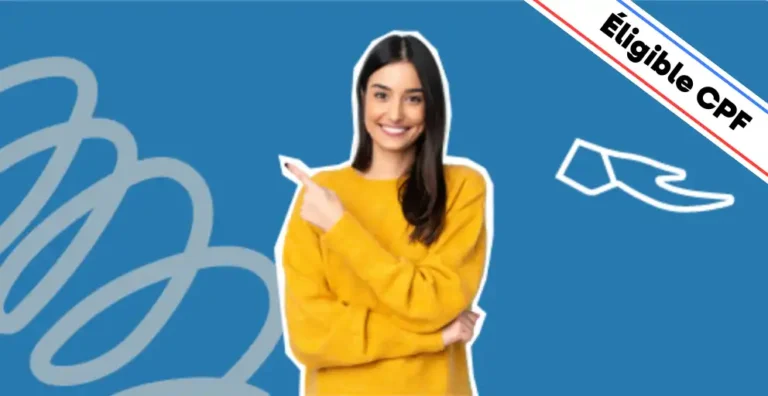 Une femme souriante, vêtue d’un pull jaune, pointe du doigt sur un fond bleu avec des éléments graphiques modernes, dont une icône de main blanche représentant la fluidité en langue des signes. Un bandeau en haut à droite indique 'Éligible CPF', mettant en avant le financement possible de la formation. Cette image illustre la formation 'Langue des Signes 50H', parfaite pour perfectionner sa maîtrise de la LSF, interagir avec aisance et comprendre des conversations complexes en langue des signes.