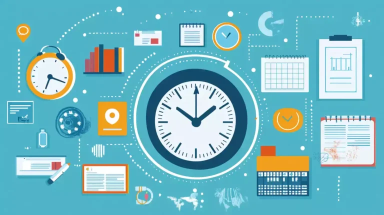 Infographie sur la gestion du temps avec une horloge centrale et des éléments d'organisation