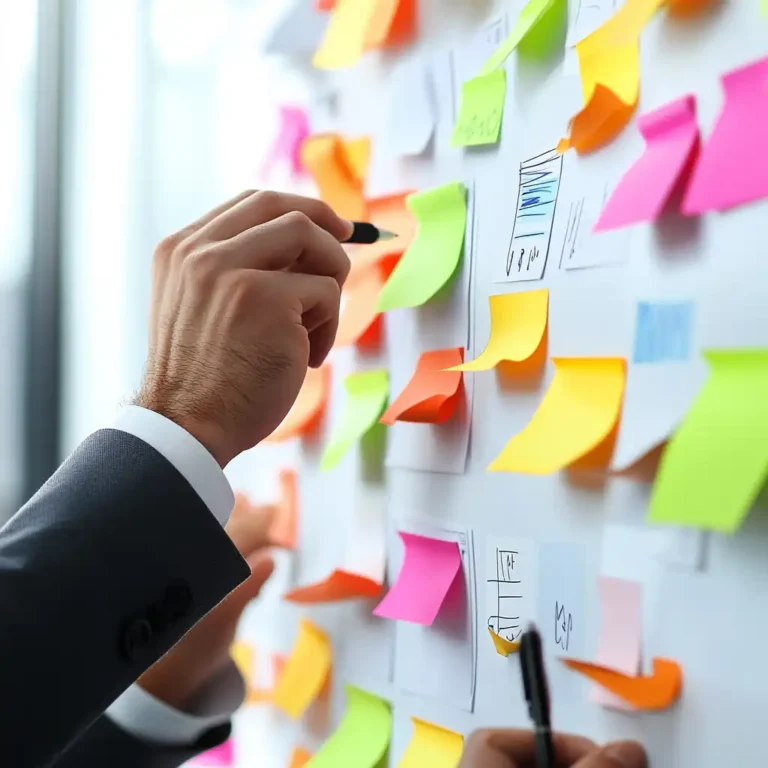 Main écrivant sur un tableau de gestion de projet agile avec notes autocollantes colorées