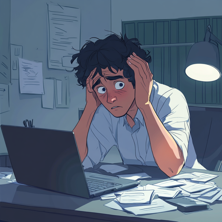Bureau moderne avec une personne anxieuse illustrant la gestion du stress et l'importance de la confiance en soi.