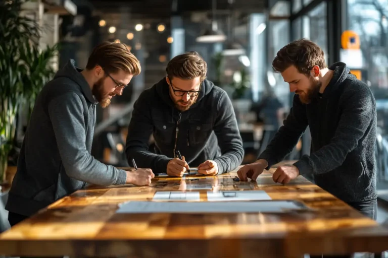 Trois hommes travaillant en équipe dans un espace collaboratif moderne, symbolisant la collaboration et le partage de compétences.