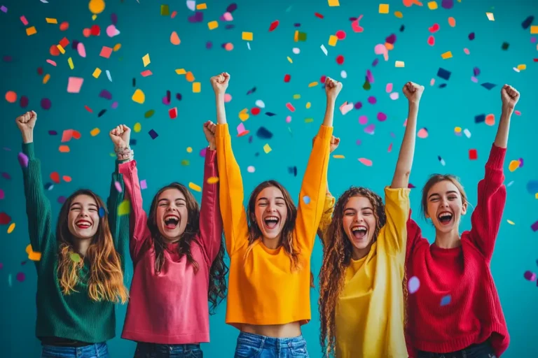 Jeunes femmes célébrant la réussite dans une ambiance festive avec confettis colorés.