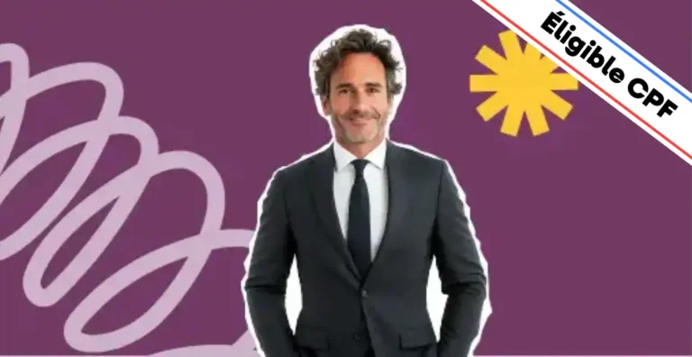 Un homme souriant, vêtu d’un costume noir et d’une cravate, pose avec assurance sur un fond violet moderne agrémenté d’éléments graphiques dynamiques, dont une étoile jaune symbolisant le succès et l’entrepreneuriat. Un bandeau en haut à droite indique 'Éligible CPF', mettant en avant le financement possible de la formation. Cette image illustre la formation 'Création d’entreprise', conçue pour apprendre à structurer un projet entrepreneurial, définir un business model, gérer les aspects juridiques et financiers, et lancer une activité avec succès.