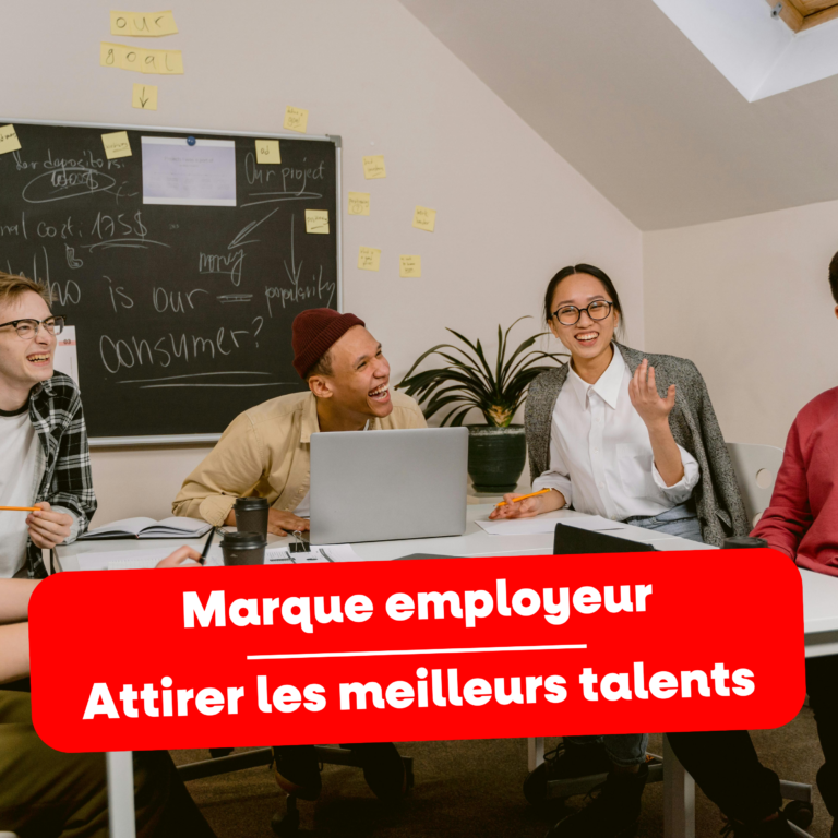 Un groupe de jeunes professionnels souriants en réunion dans un espace de coworking dynamique. Une ambiance collaborative où l'innovation et la créativité sont mises en avant. En arrière-plan, un tableau noir rempli de notes et d'idées illustre un brainstorming actif. Un texte en rouge attire l'attention sur le thème "Marque employeur - Attirer les meilleurs talents", soulignant l'importance d'une culture d'entreprise engageante pour recruter et fidéliser les talents.