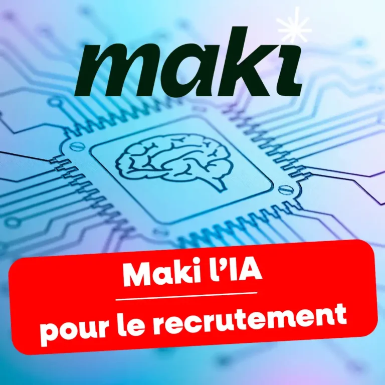 Illustration d'un processeur avec un cerveau et le texte "Maki l'IA pour le recrutement".