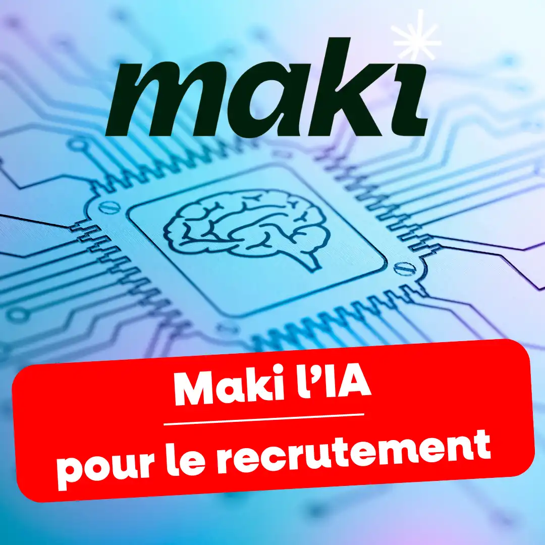 Illustration d'un processeur avec un cerveau et le texte "Maki l'IA pour le recrutement".
