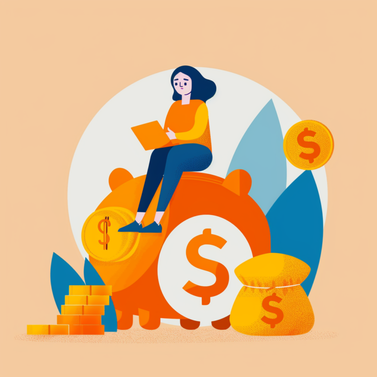 Illustration représentant une femme assise sur une grande tirelire en forme de cochon, entourée de pièces et de sacs d'argent, symbolisant l'économie, la gestion financière, l'investissement et le CPF. Cette image évoque des concepts tels que l'épargne, les finances personnelles, la planification budgétaire, le reste à charge CPF et la croissance des ressources financières. Idéal pour des contenus liés aux formations en gestion financière, au développement économique, au CPF ou à l'éducation financière.
