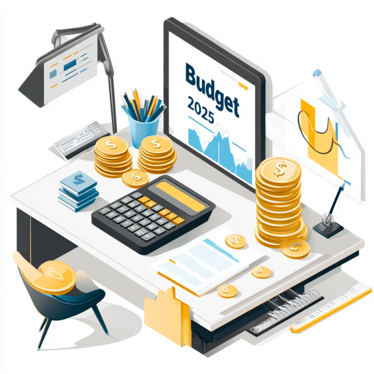 Illustration professionnelle et moderne d’un bureau organisé, mettant en avant des piles de pièces de monnaie, une calculatrice et un écran d’ordinateur affichant "Budget 2025". Cette image symbolise la planification budgétaire, la gestion financière et les investissements, en lien avec des thématiques telles que le financement des formations professionnelles et la gestion des ressources économiques.