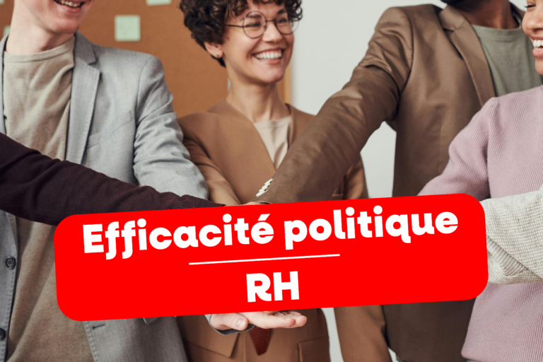 Groupe de professionnels souriants en tenue de bureau se serrant les mains, illustrant l’unité et la collaboration au sein d’une Efficacité RH optimisée. Une bannière rouge met en avant le texte "Efficacité politique RH".