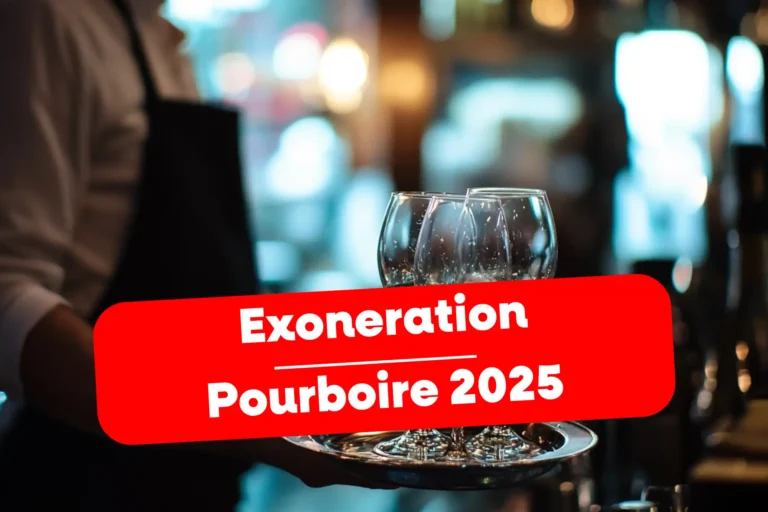Serveur avec plateau de verres, texte « Exonération Pourboire 2025 ».