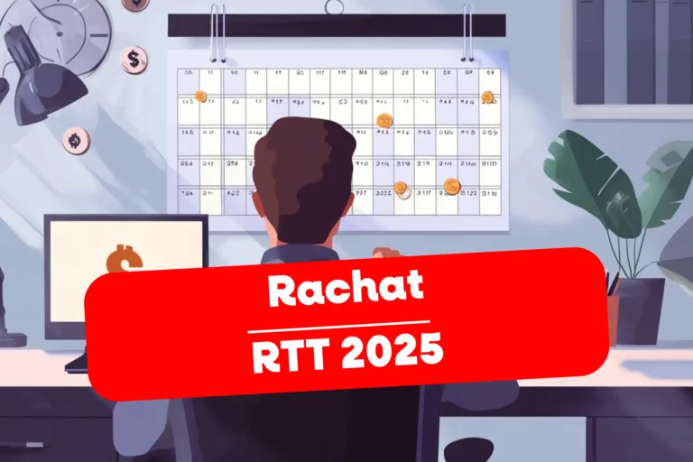 Illustration salarié regardant calendrier, texte « Rachat RTT 2025 ».